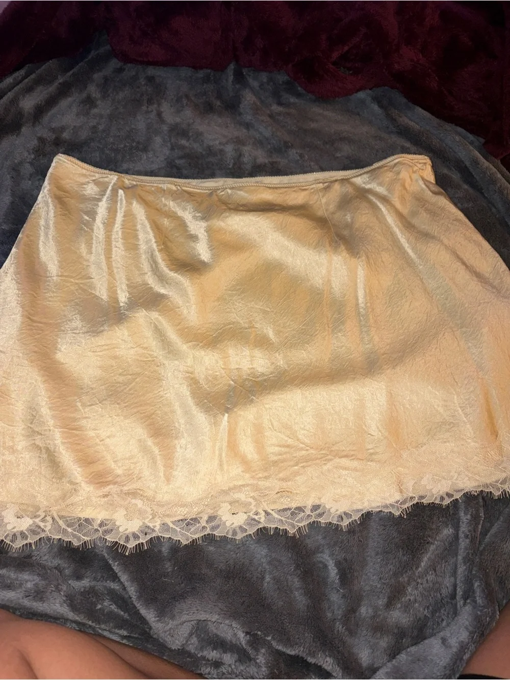 Express Butter Yellow Satin Mini Skirt with Lace Trim